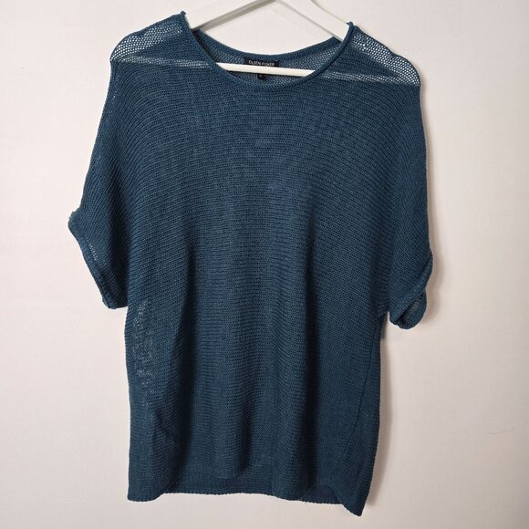 Eileen Fisher Size M 100% Wool Open Knit Short Sleeve Sweater Dark Teal - Picture 1 of 8
